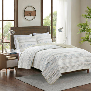 Fraser - 3 Piece Printed Microfiber Seersucker Quilt Set - Taupe/Blue
