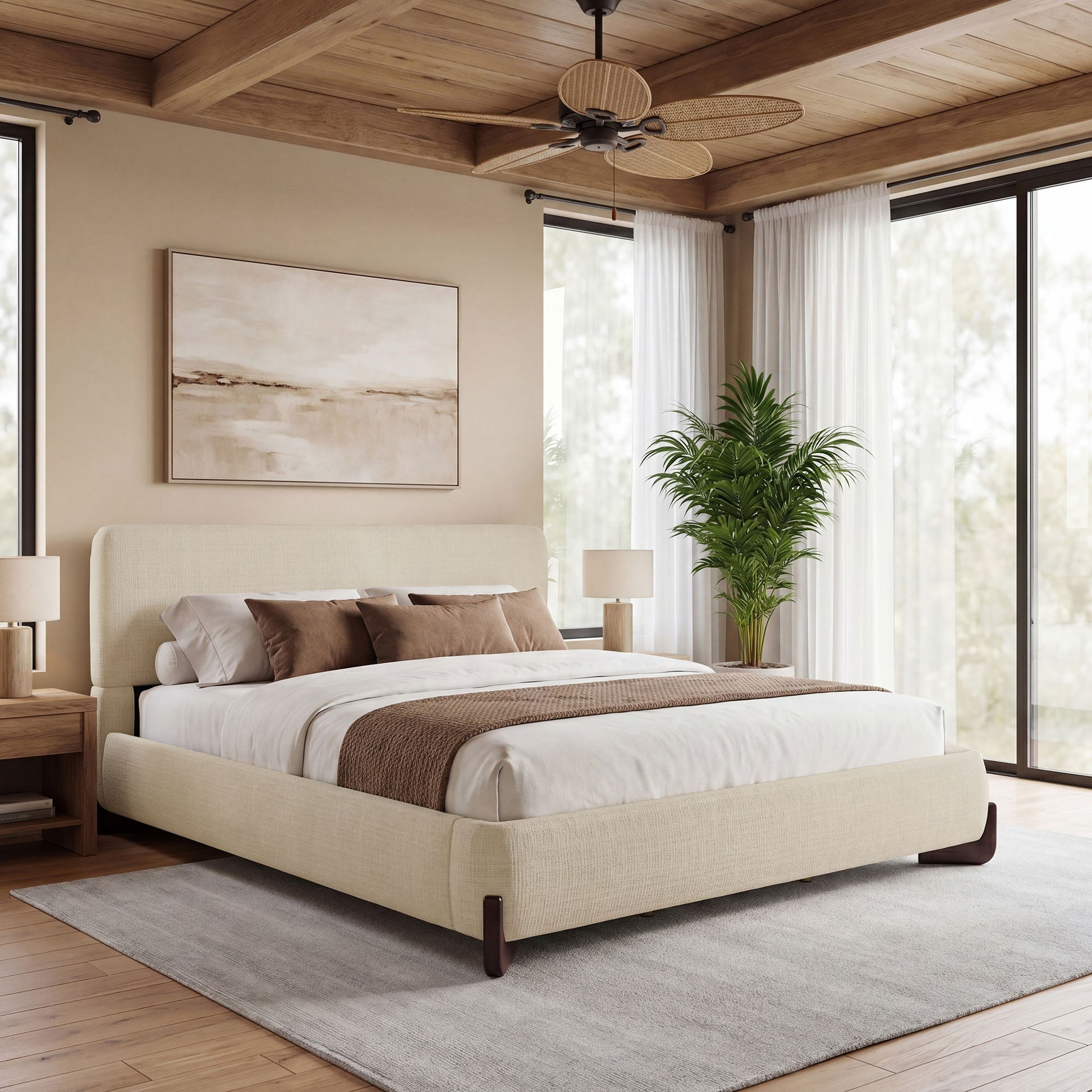 King Upholstered Bed With Slats Support - Beige