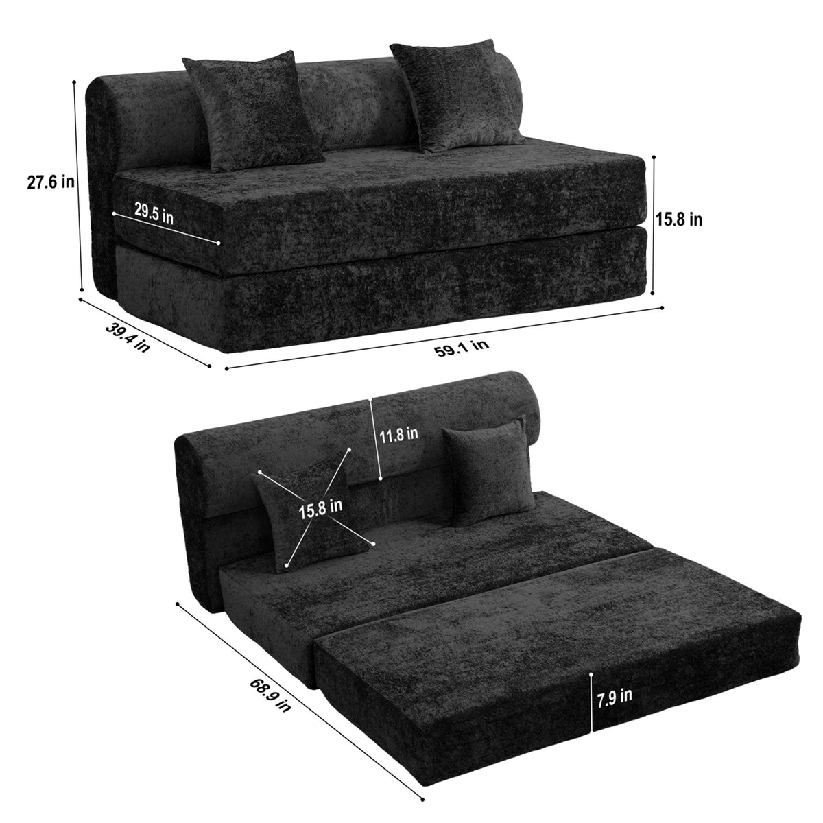 Convertible Design Sofa Bed, 2 Seater Fold Out Floor Couch
