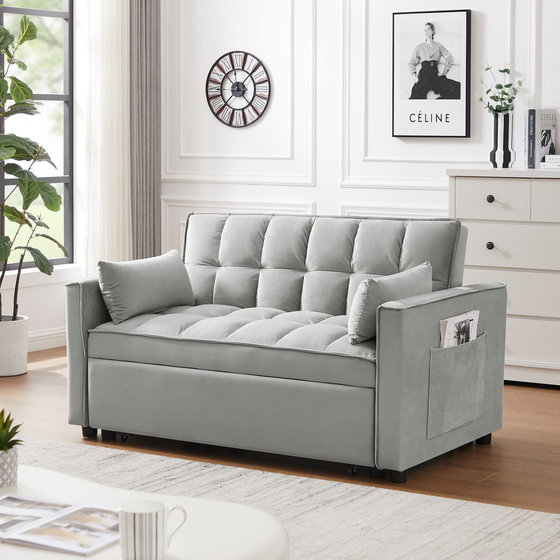 Modern Velvet Convertible Loveseat Futon Sofa With Pullout Bed, Reclining Backrest