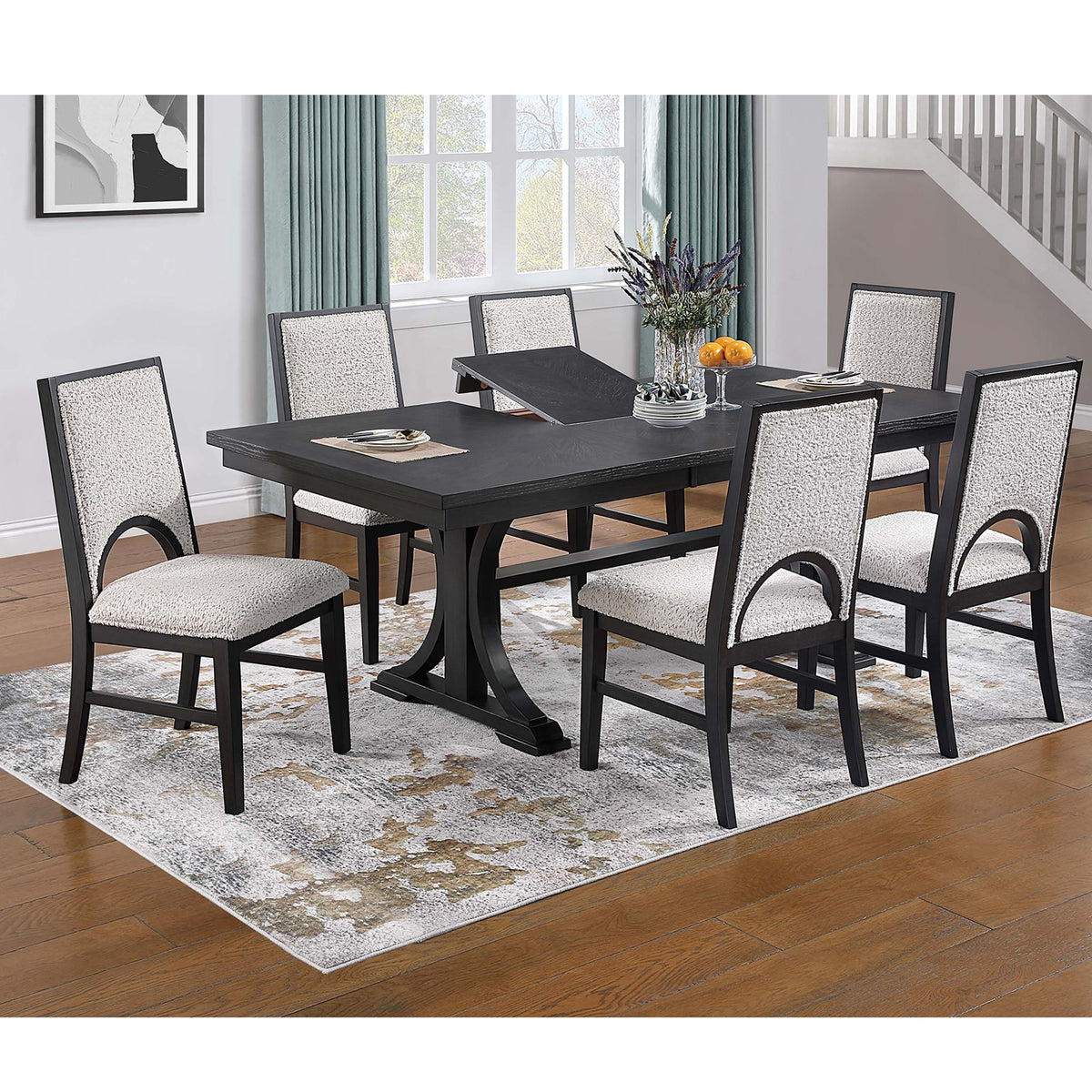 7 Piece Set, Trestle Dining Table And 6 Side Chairs With Cutout Back - Black / Charcoal / White