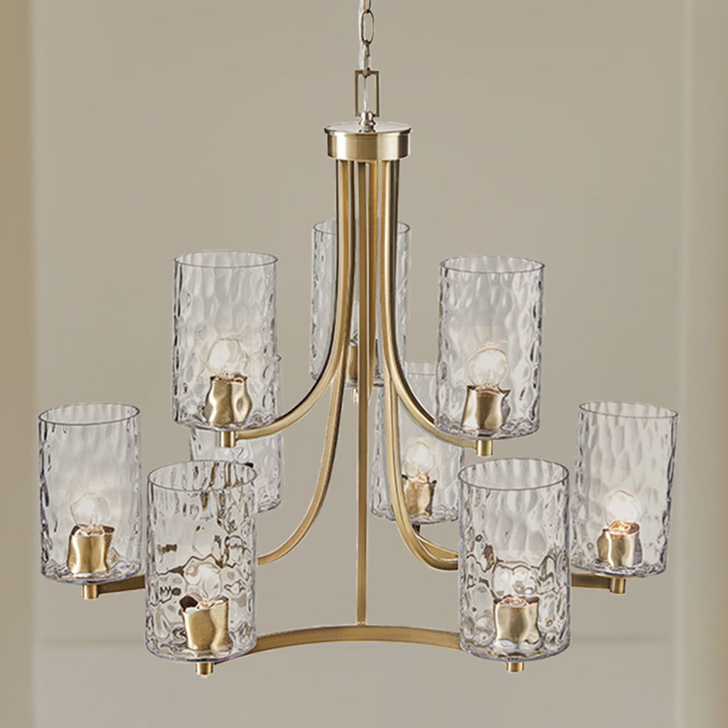 Opulentia - 9-Light Round Tiered Chandelier With Textured Glass Shades - Antique Brass