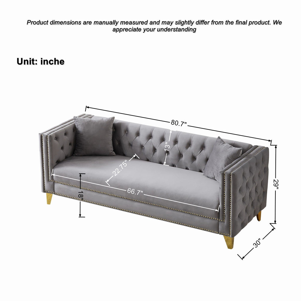 3 Seater Deep Seat Sofa, Sofa With Button Nailhead, Square Arm