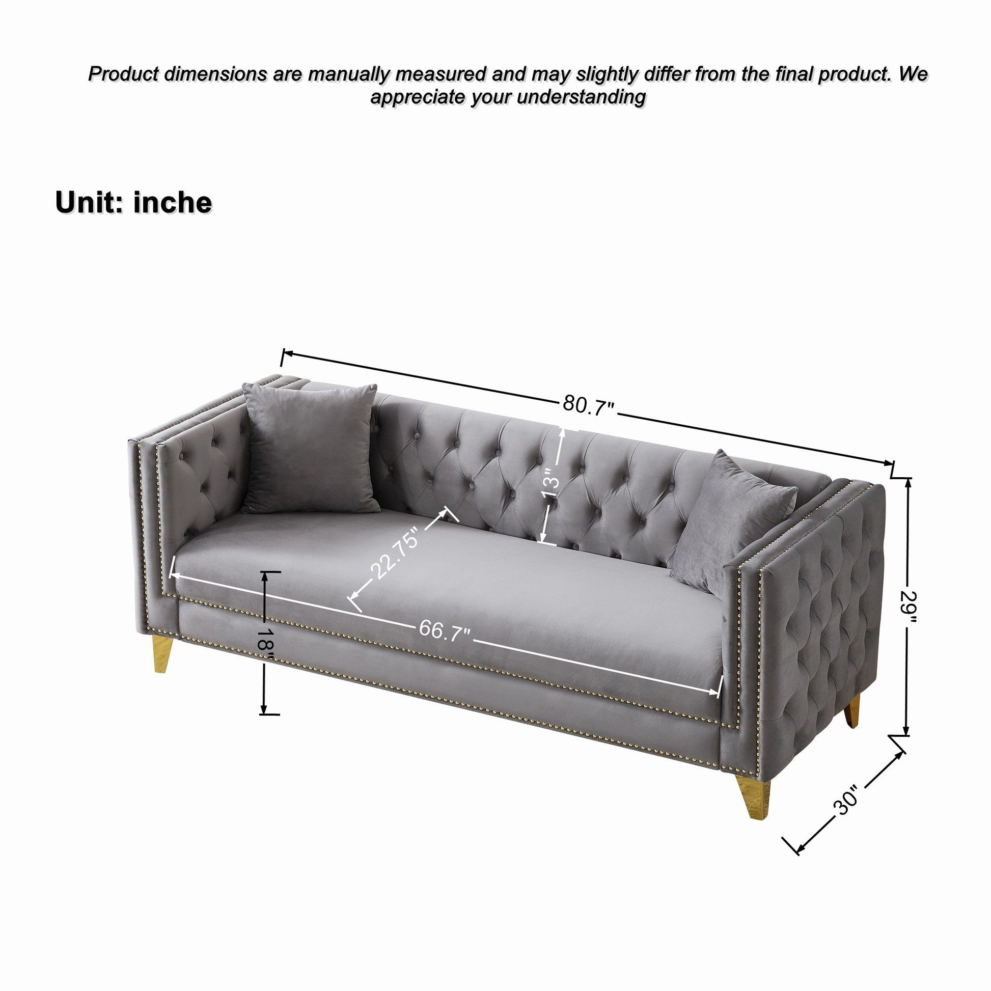 3 Seater Deep Seat Sofa, Sofa With Button Nailhead, Square Arm