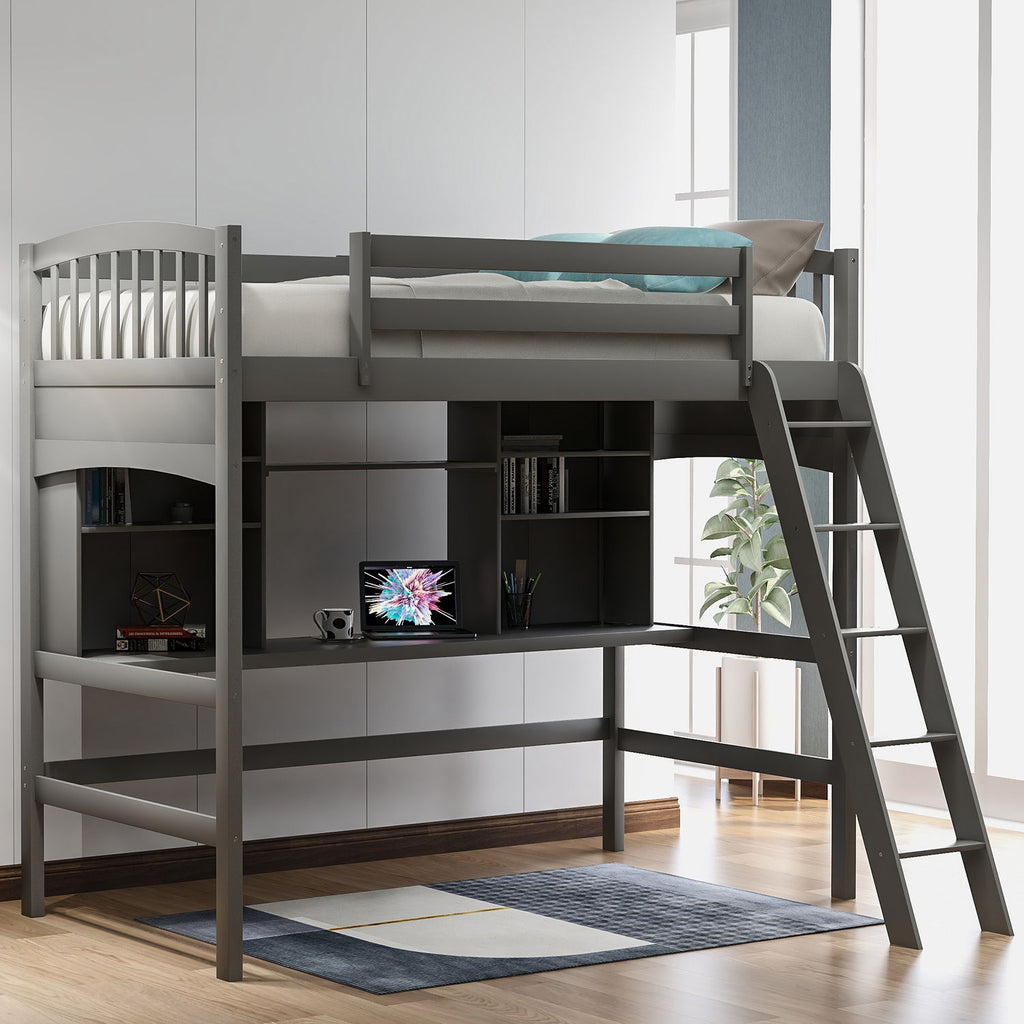 Loft Bed With Storage Shelves, Desk And Ladder