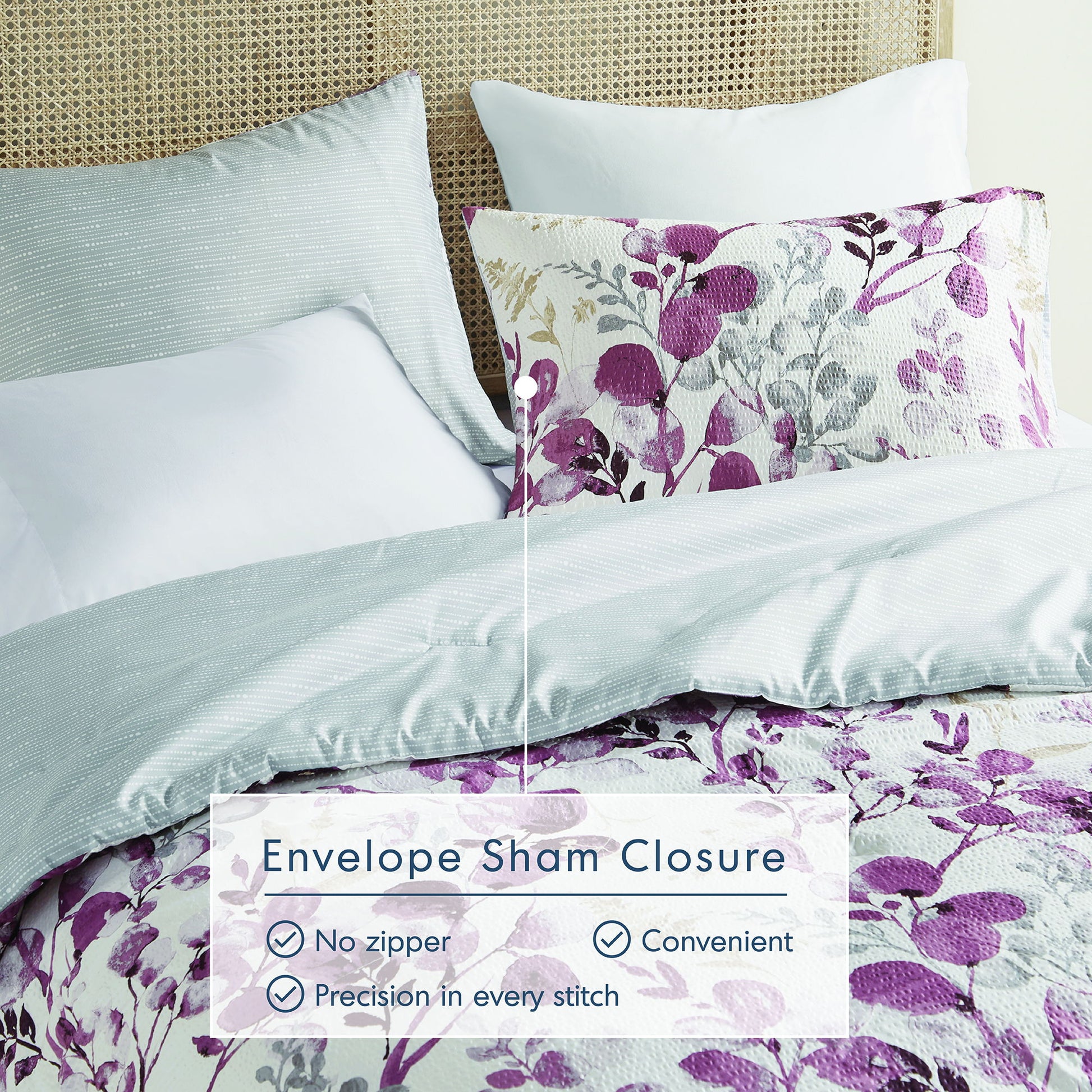 Gabby - Twin/Twin Long Reversible Floral Botanical Seersucker Comforter Set - Plum/Gray