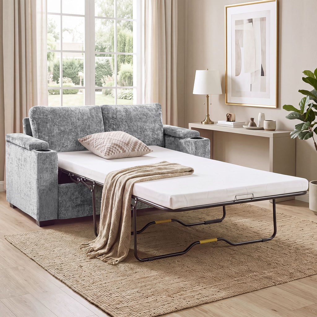 Pull Out Sofa Bed Loveseat With Twin Mattress, Cup Holders And Arm Storage