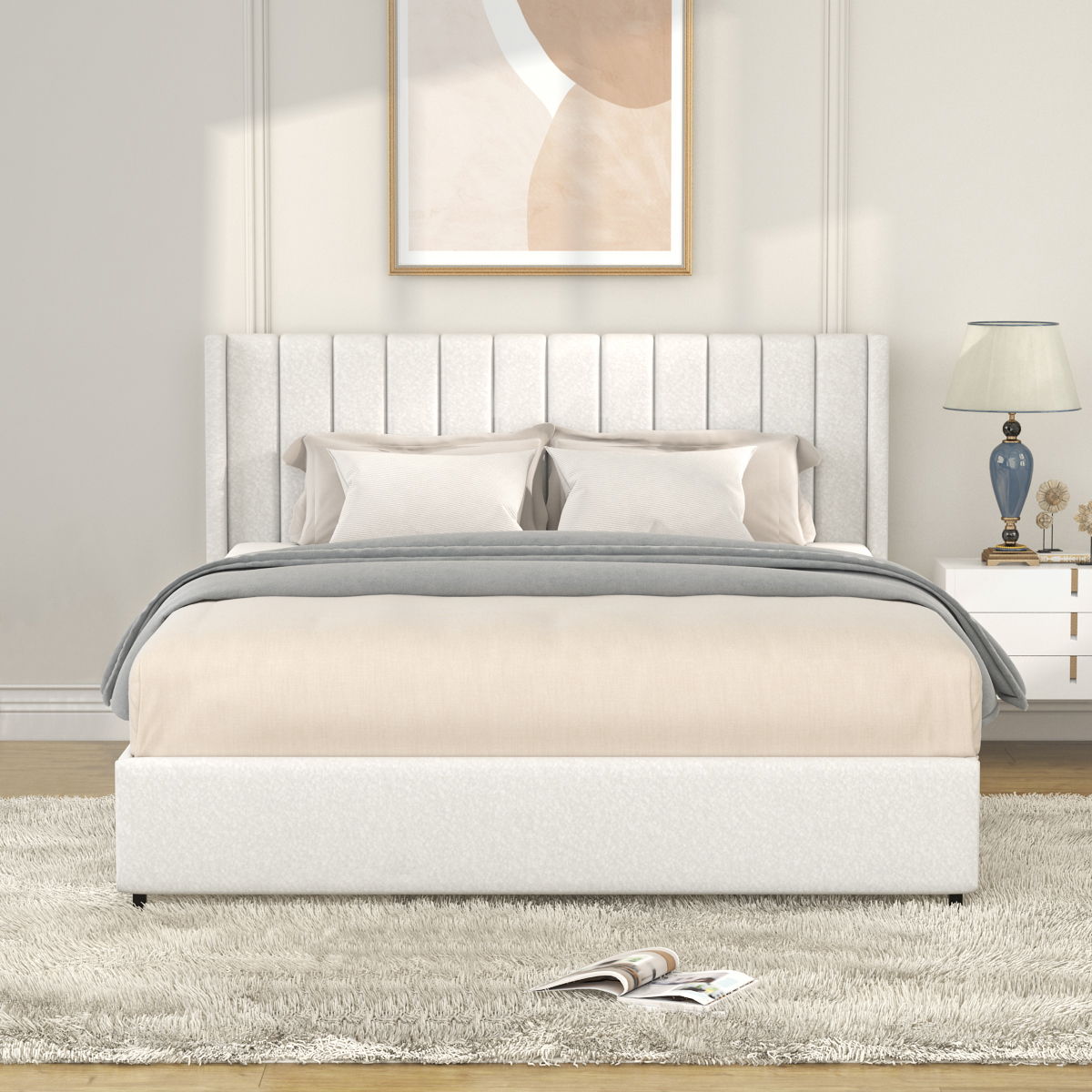 Anda - Queen Boucle Upholstered Platform Bed With Patented 4 Drawers Storage - Ivory