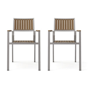 Stylish Modern Faux Wood & Aluminum Outdoor Dining Chairs, (Set of 2) - Natural