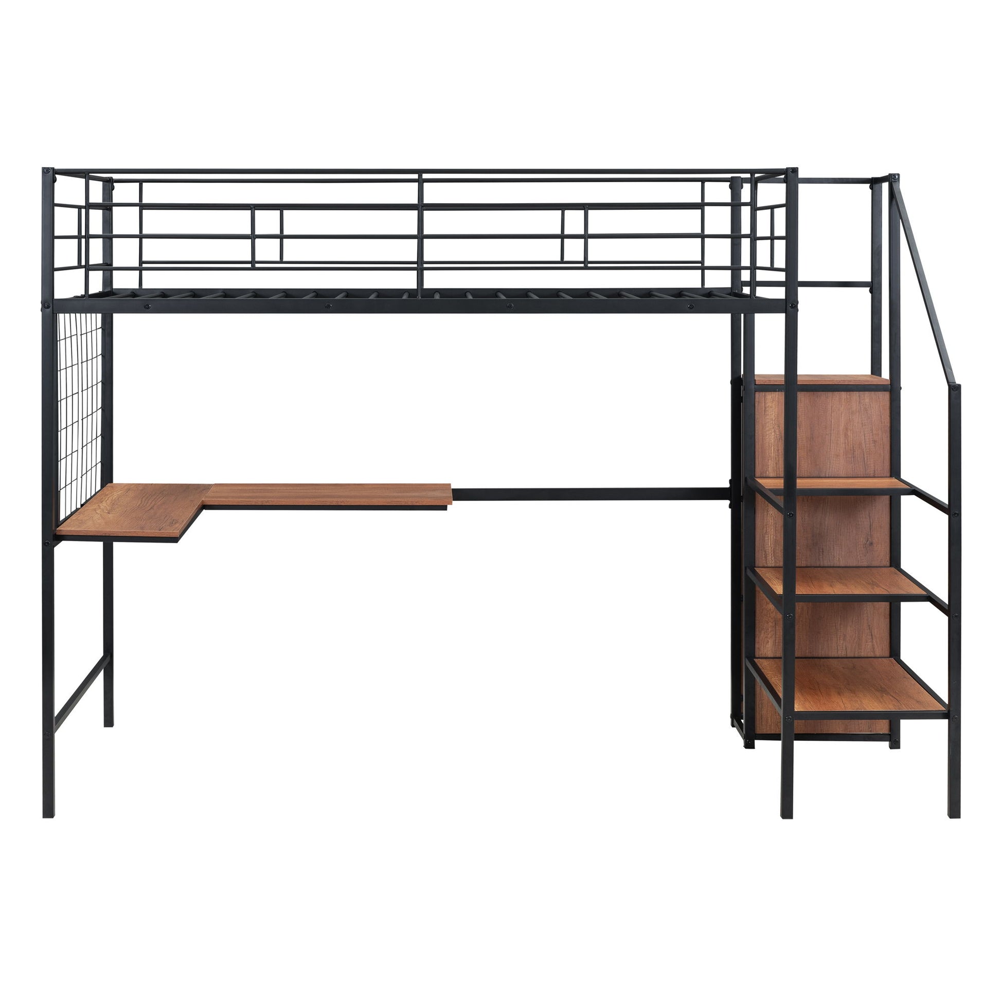 Loft Bed With Desk And Grid, Stylish Frame With Lateral Storage Ladder And Wardrobe
