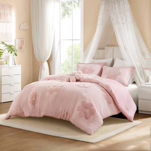 Gracie - Full/Queen Floral Reversible Comforter Set With Flower Throw Pillow - Pink