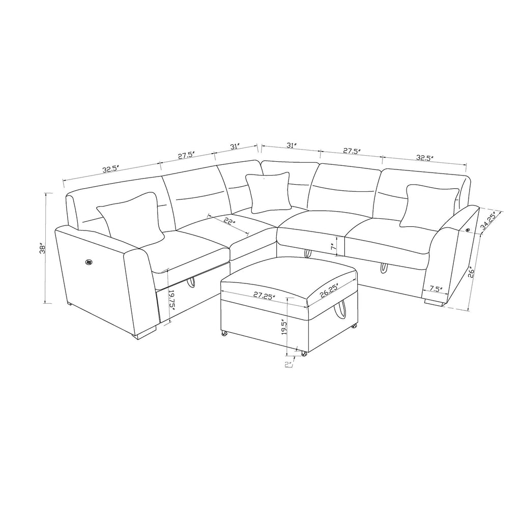 Emiliano - Sectional Sofa With 3 Pillows And Storage Ottoman - Nickel