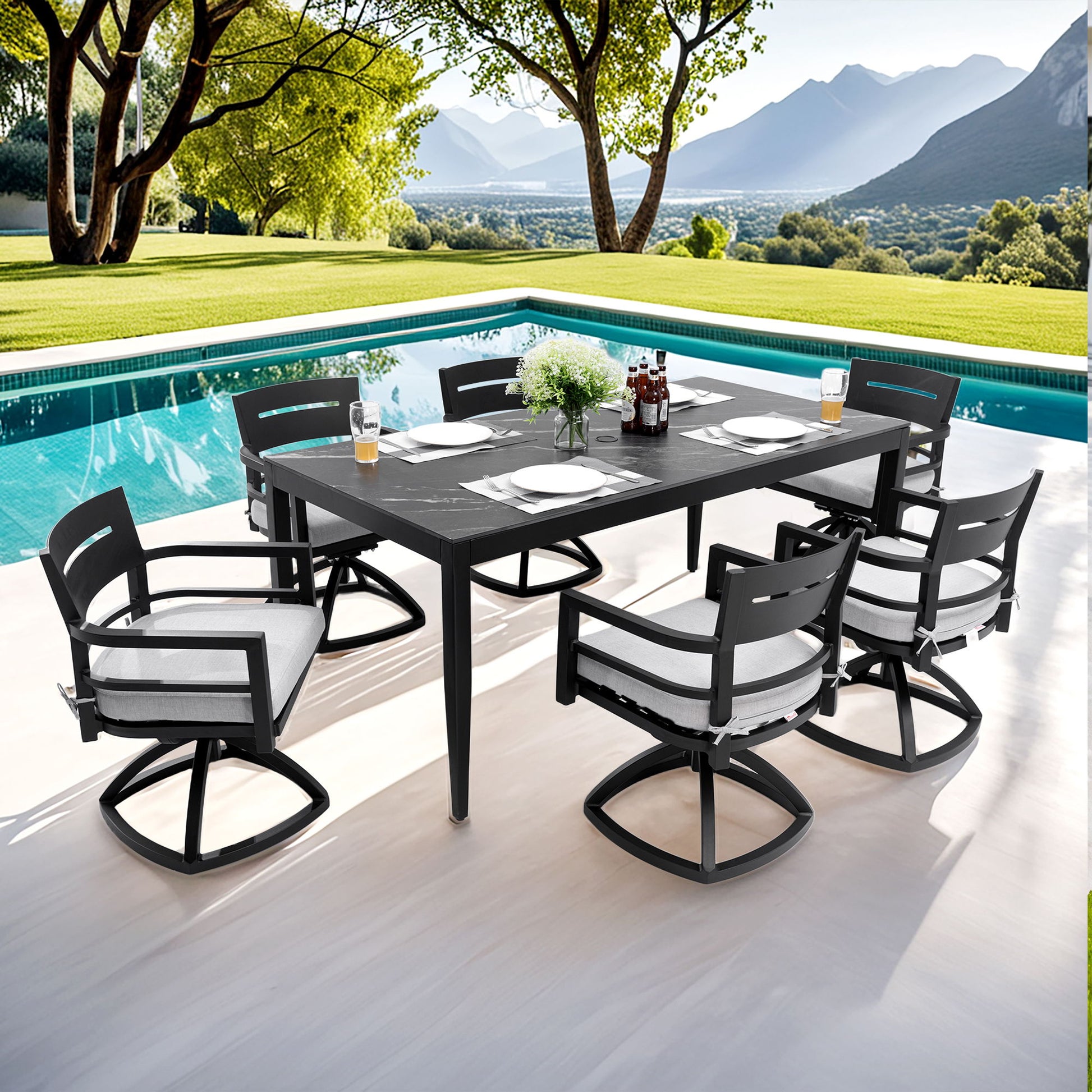 Modern Outdoor Patio Dining Set With Table And Chairs With Sunbrella Cushions