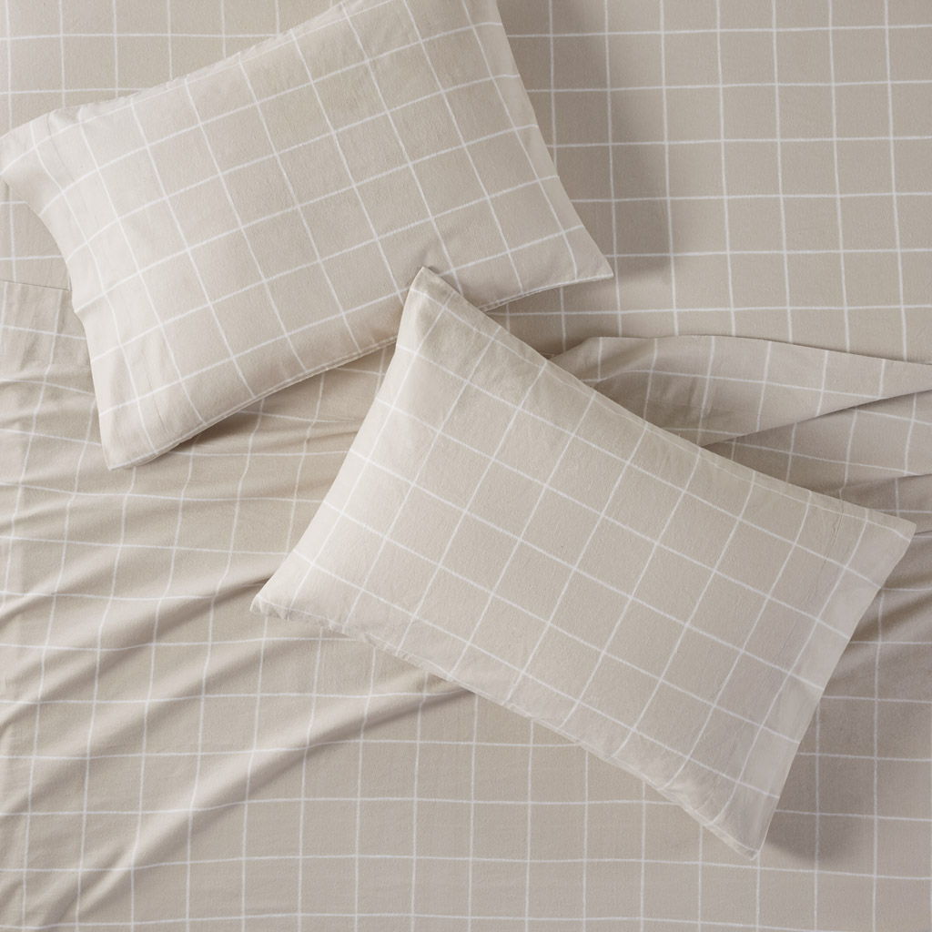 Oversized Cotton Flannel - 4 Piece Queen Sheet Set - Beige Windowpane