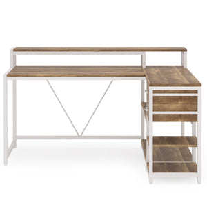 L-Shaped Home Office Desk With Monitor Riser, Drawers, And Storage Shelves