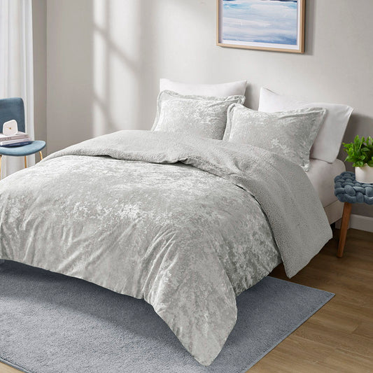 Mira - Crushed Velvet Sherpa Reversible Comforter Set - Silver