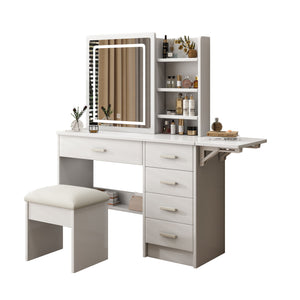 Fashion Vanity Desk With Mirror And Lights For Makeup, 5 Drawers, Adjustable Lighting - White