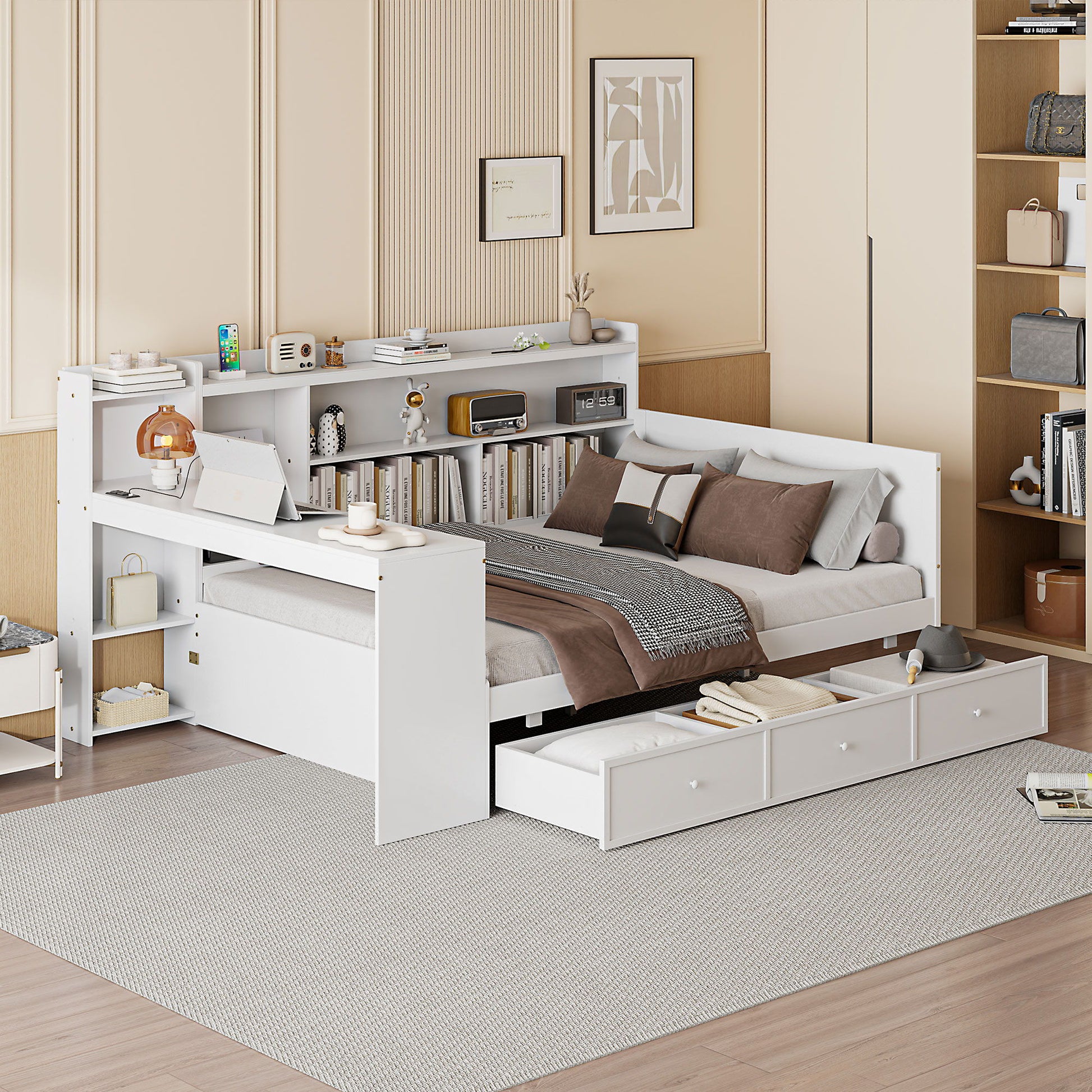Daybed With 3 Drawers USB Ports And Desk