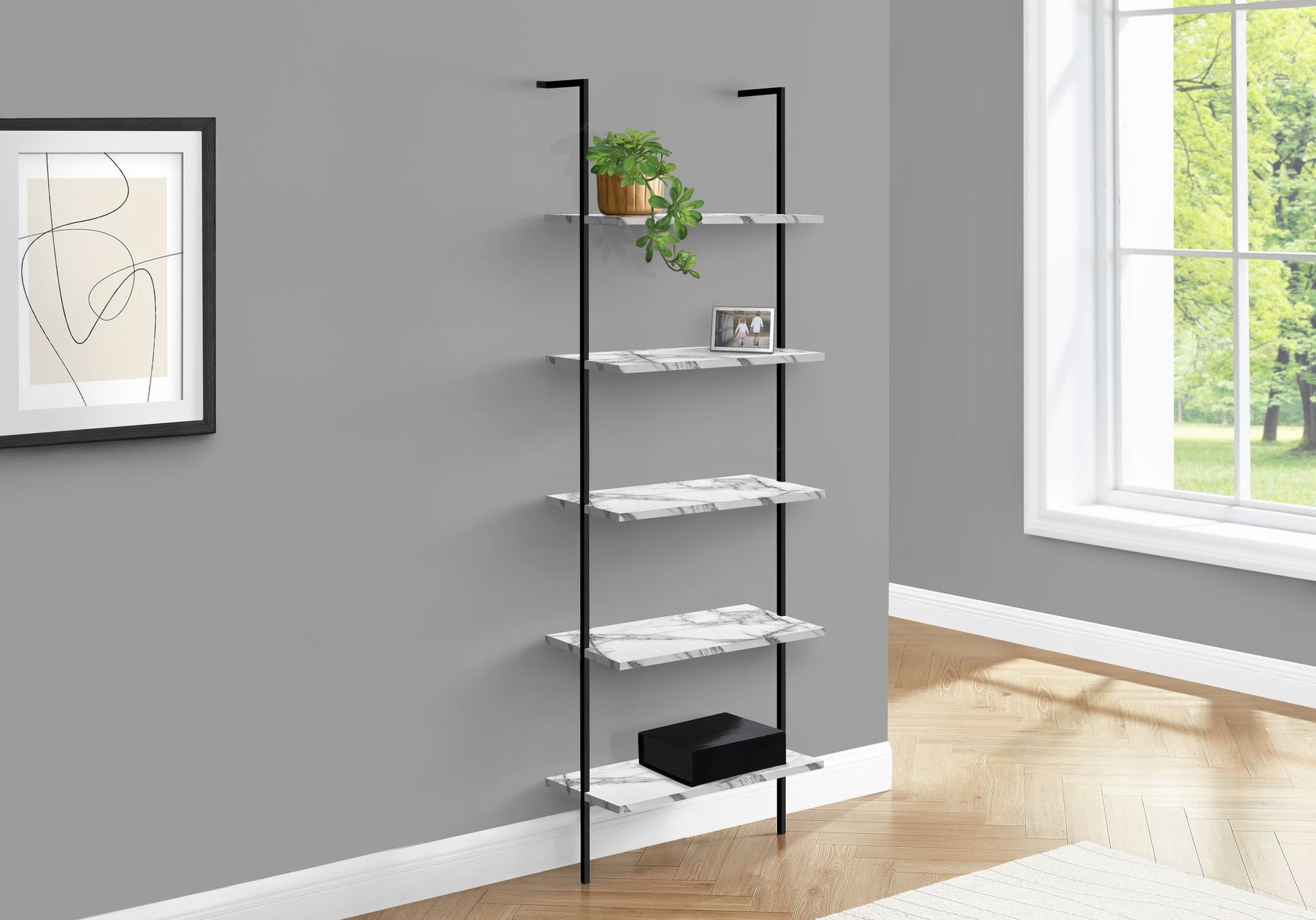 Bookshelf, Bookcase, Etagere, Ladder, 5 Tier, For Office, Marble Look Contemporary & Modern