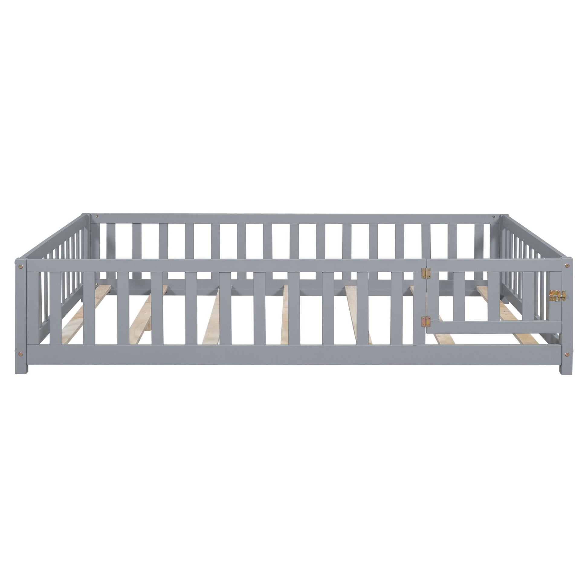 Montessori - Full Size Wooden Floor Platform Bed With Fence And Door, Montessori Floor Bed Frame With Support Slats For Toddlers - Gray
