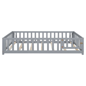 Montessori - Full Size Wooden Floor Platform Bed With Fence And Door, Montessori Floor Bed Frame With Support Slats For Toddlers - Gray