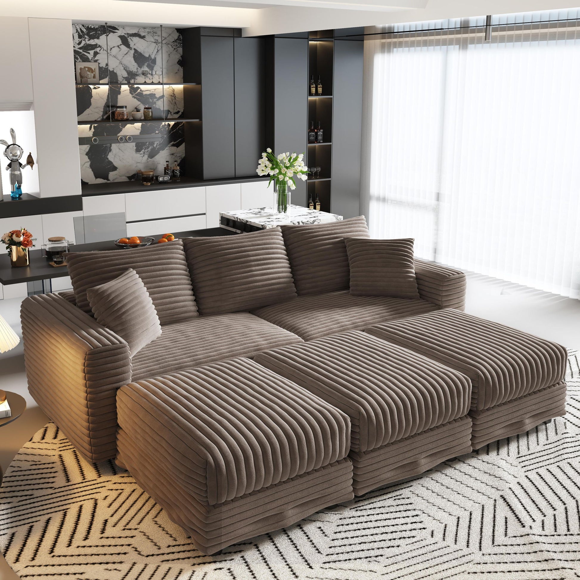 Deep Seat Convertible Sofa With Soft Pillows And Ottomans