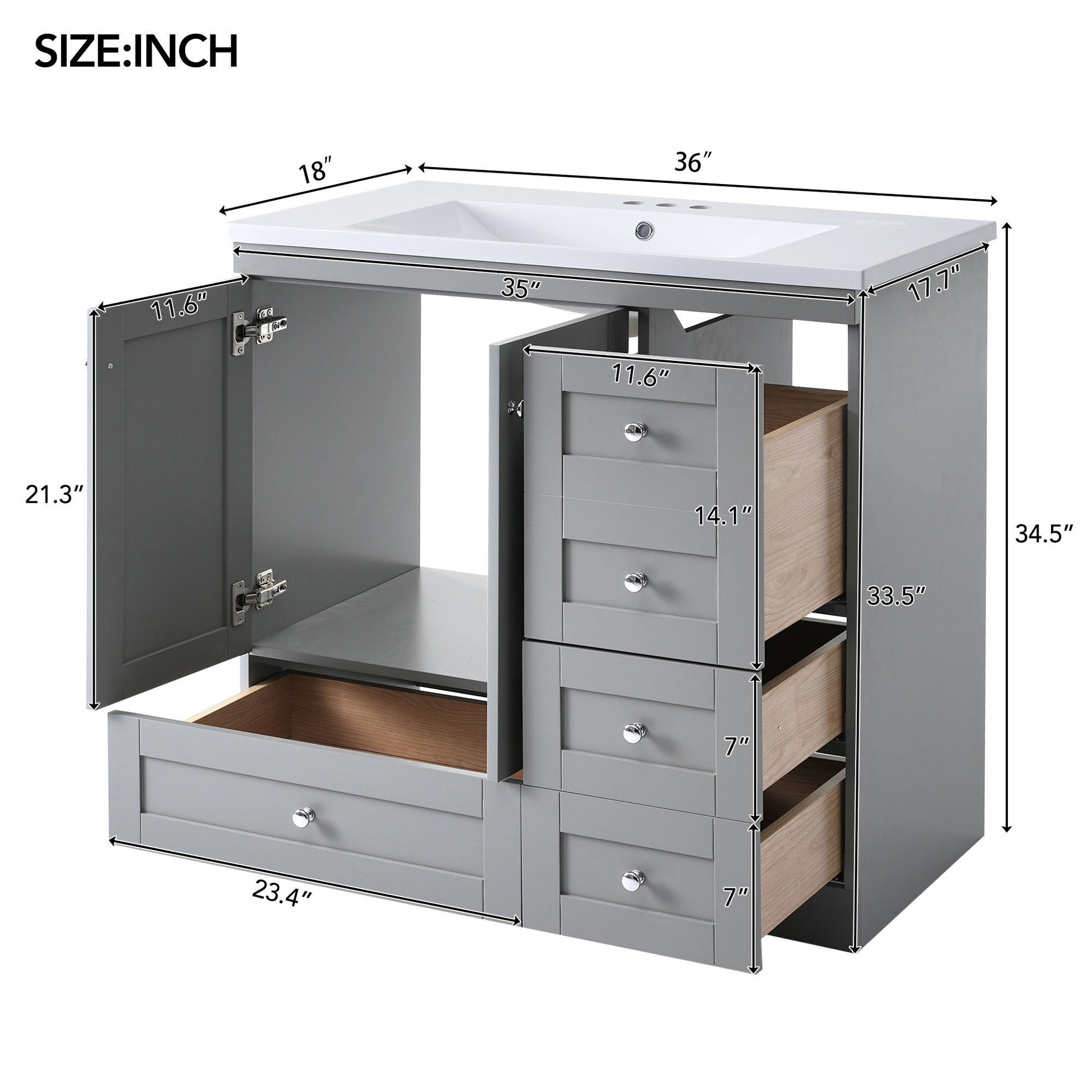 Shaker Free Standing Bathroom Vanity Cabinet With Sink, Soft Close Drawers, Soft Close Doors
