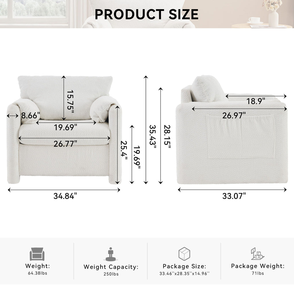 Fixed Modern Accent Chair Single Seater Plush Chenille Lounge Chair With High Resilience Cushion - Ivory White
