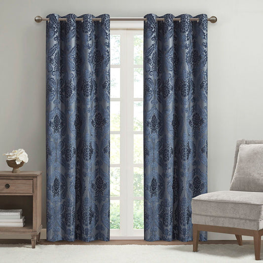 Amelia - Knitted Paisley Total Blackout Grommet Top Curtain Panel - Navy