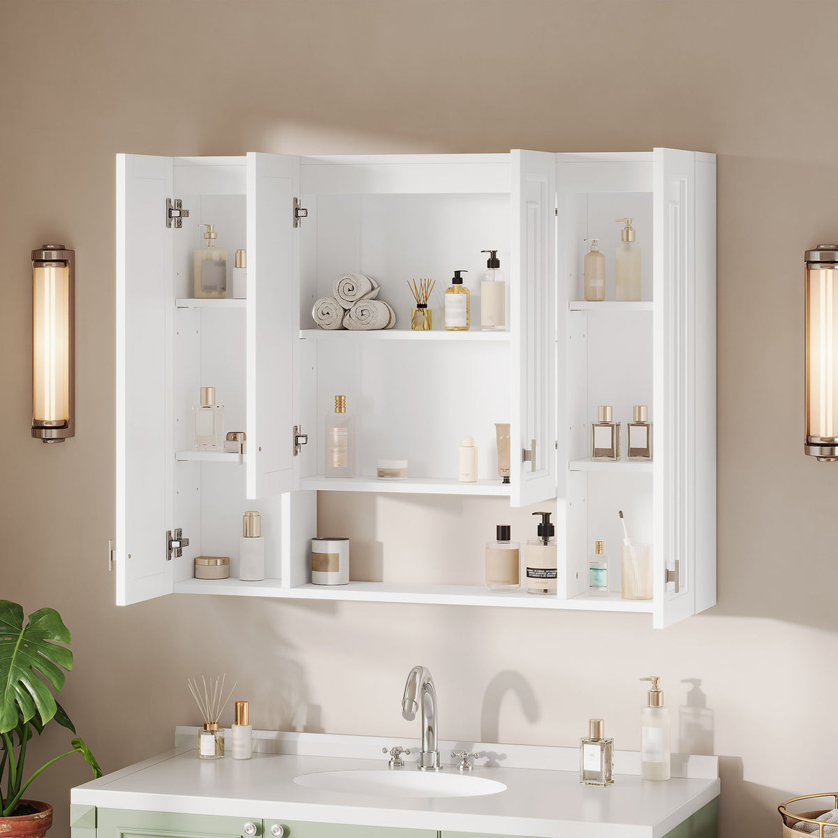 Bathroom Cabinet With 5 Adjustable Shelves, Soft Closing Hinges, Open Shelving Design - White