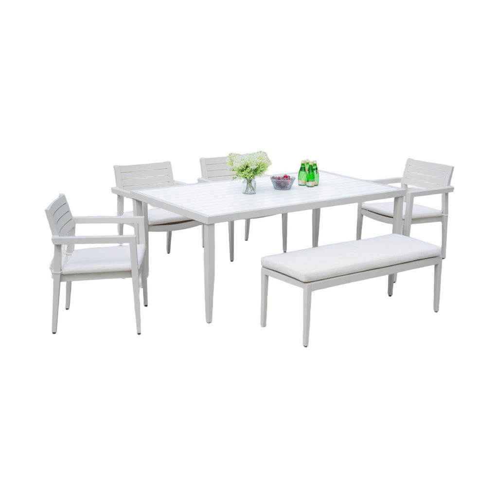 6 Piece Dining Set Modern Outdoor Patio Furniture, 4 Dining Chairs & 1 Dining Bench Sunbrella Fabric And 2 Tone Rectangle Table With Umbrella Hole - Matte White / Grayish