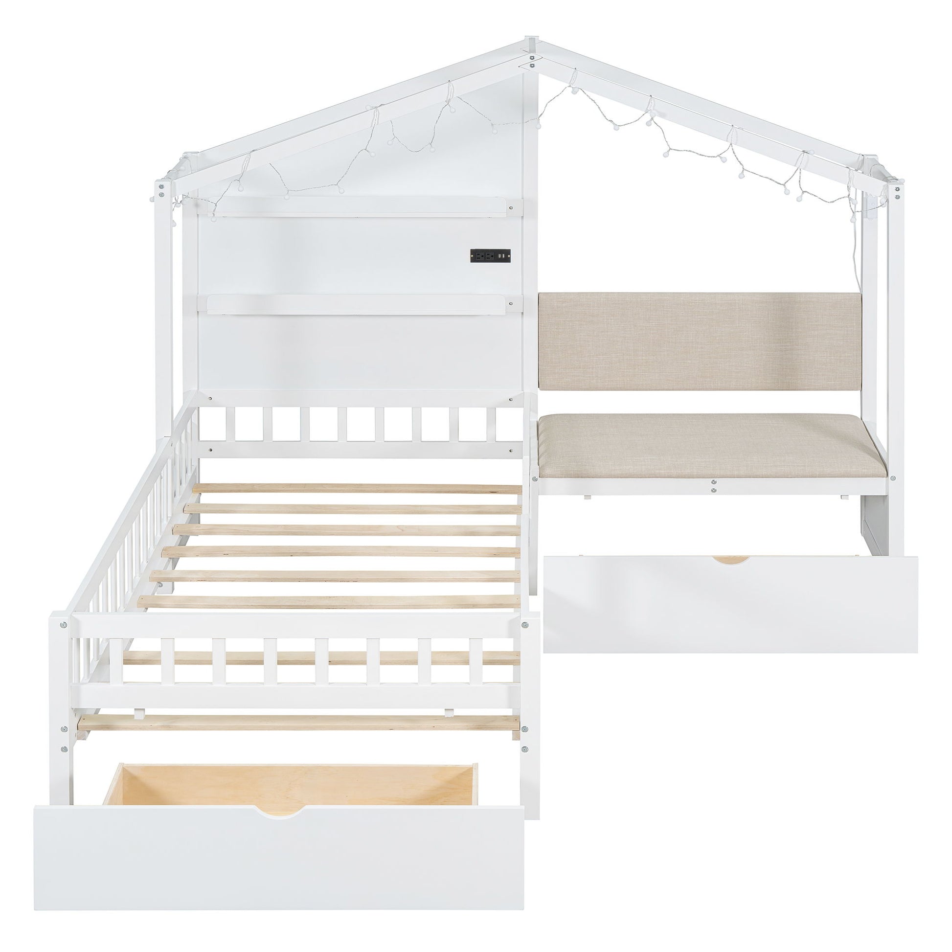 House Bed With Upholstered Sofa, Wireless Charging Station, Shelves And 2 Drawers