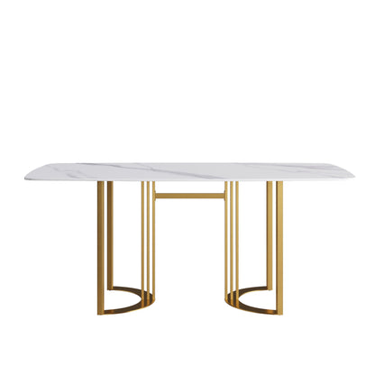 70.87" Modern Artificial Stone White Curved Golden Metal Leg Dining Table, Can Accommodate 6-8 People - White / Gold