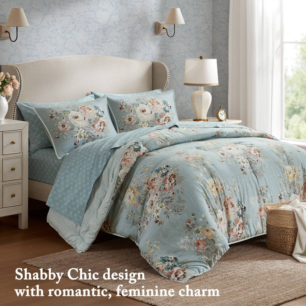 Heather - Queen 7 Piece Vintage-Inspired Floral Print - Soft Blue