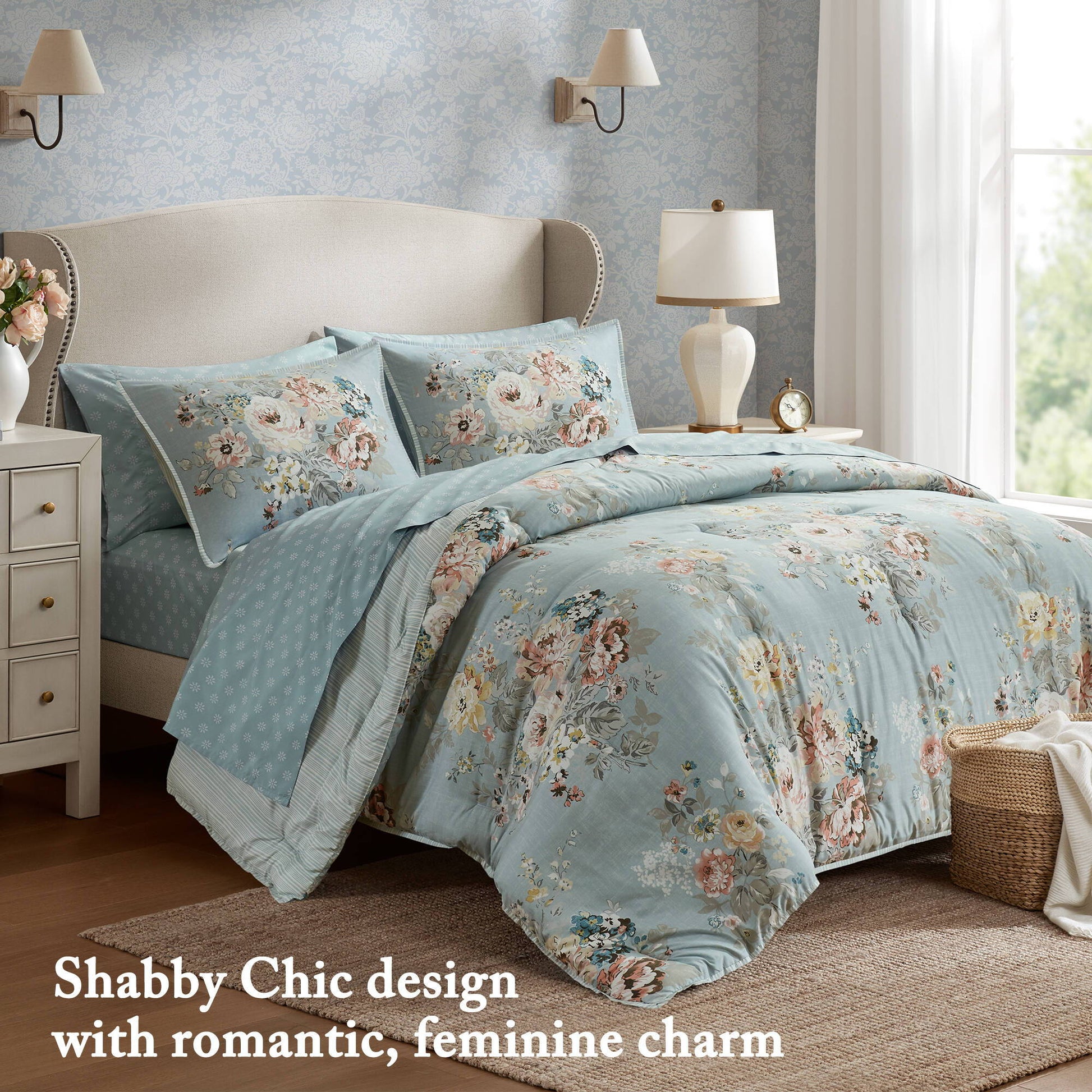 Heather - Queen 7 Piece Vintage-Inspired Floral Print - Soft Blue