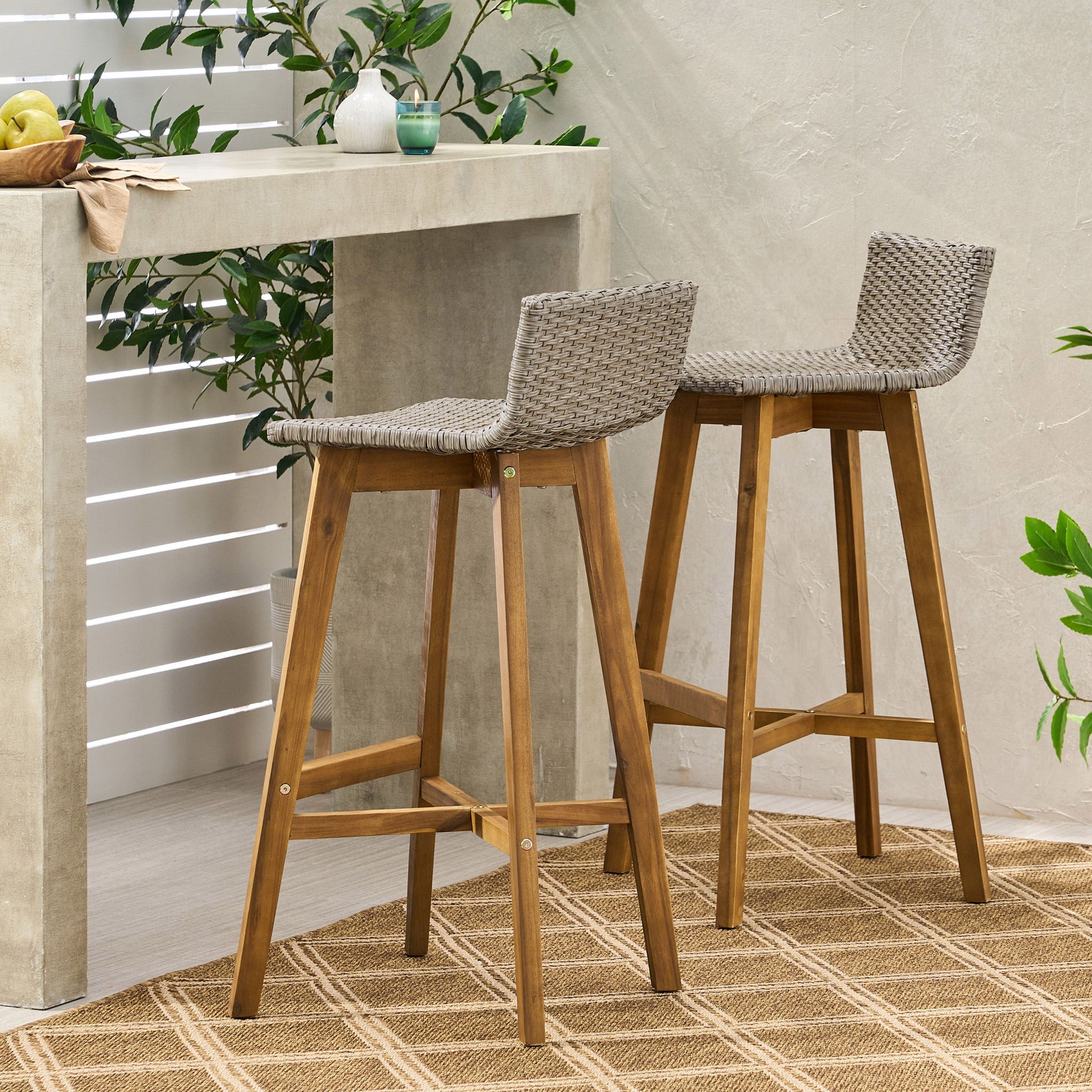 Equinox - Outdoor Barstool With Rattan Wicker Top And X Stretcher Frame (Set of 2)
