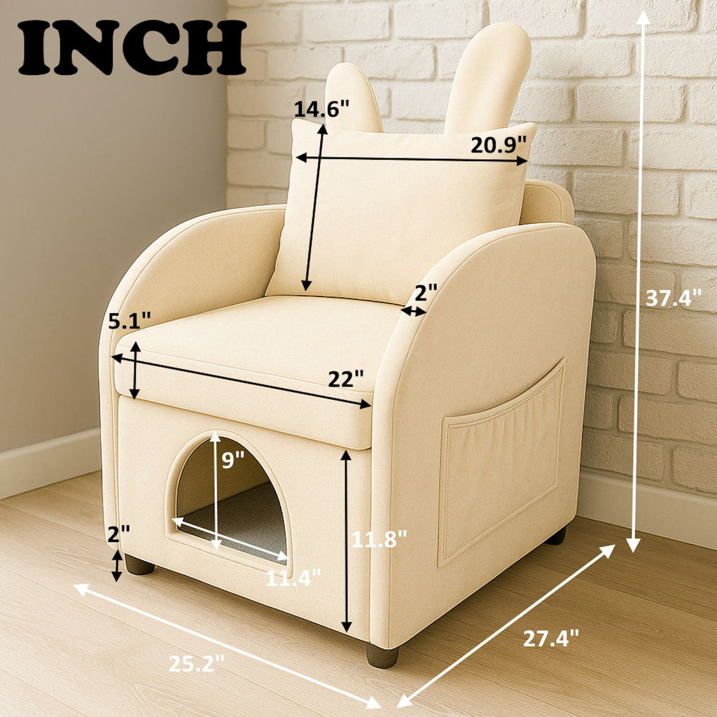Bunny Ear Pet Friendly Armchair With Hidden Pet House With Storage Pocket For Bedroom & Living Room - Beige