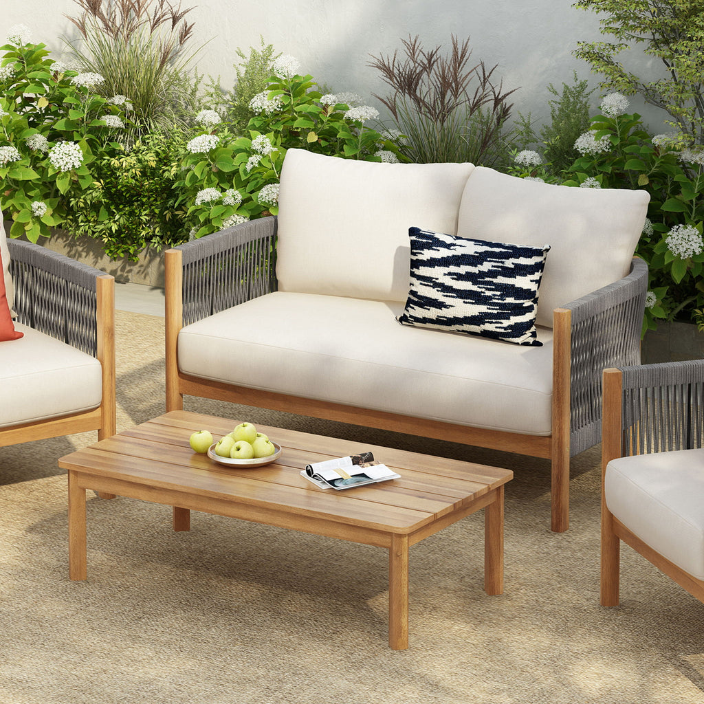 2 Pieces Outdoor Acacia Furniture Set, Woven Rope Outdoor Patio Loveseat, 2 Seat Deep Seating Group With Cushions And Coffee Table For Porch - Teak / Gray / Beige