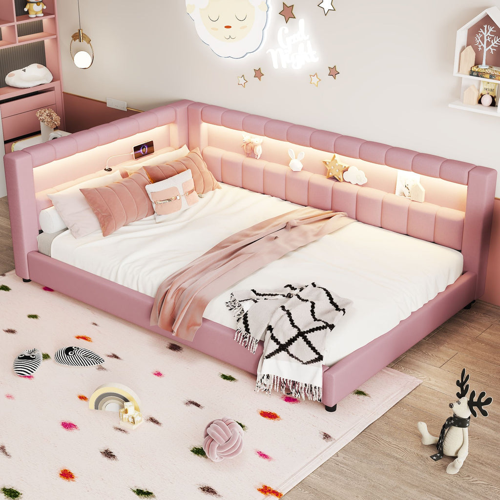 Upholstered Platform Bed With LED Belt And USB Ports