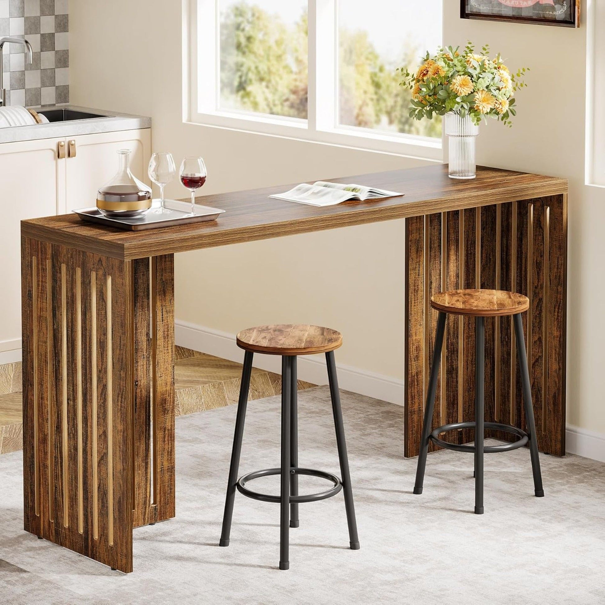 Narrow Counter Height Pub Table With Louvered Base For Kitchen - Rustic Brown