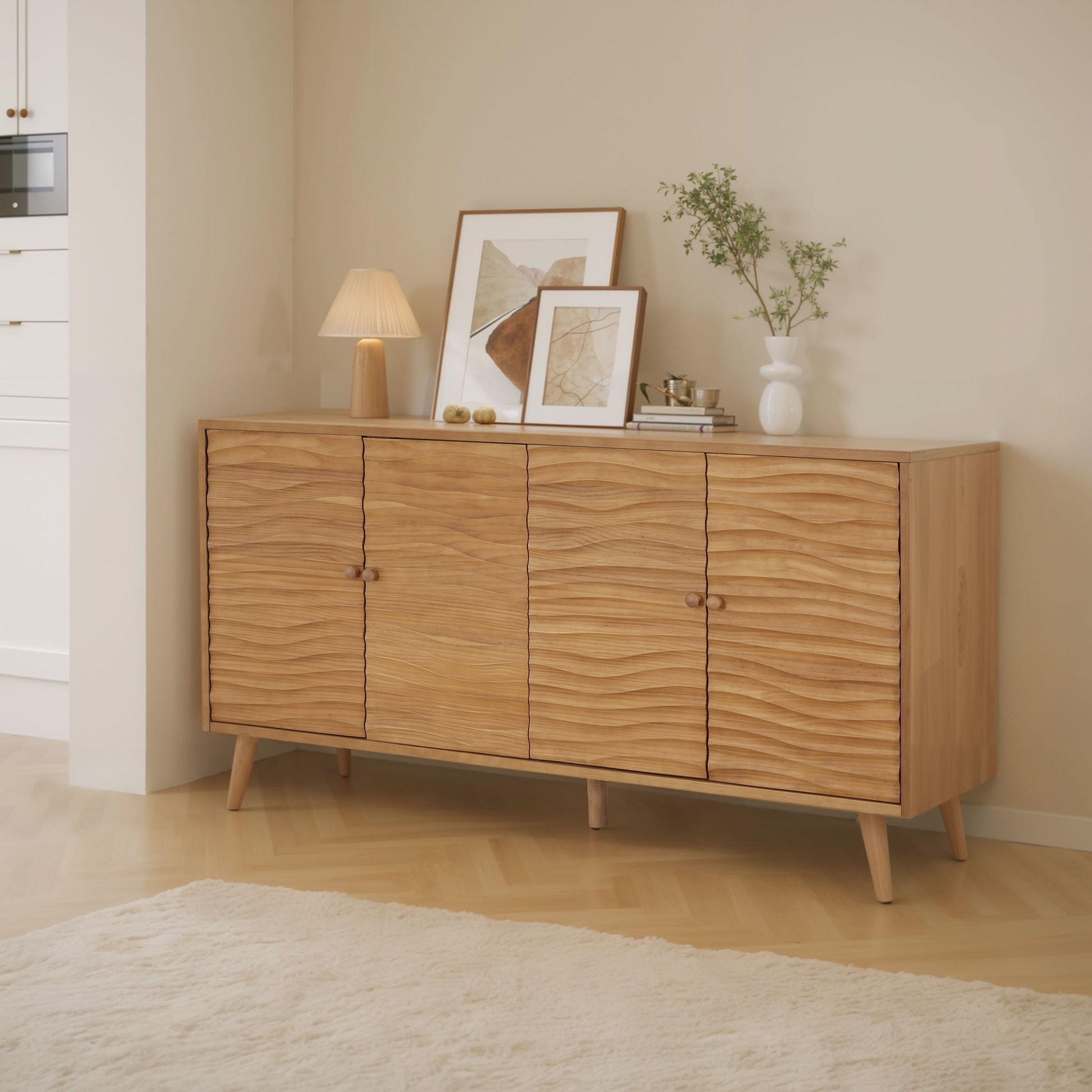 4 Door Sideboard, Wavy Pattern Doors, Adjustable Shelves - Natural