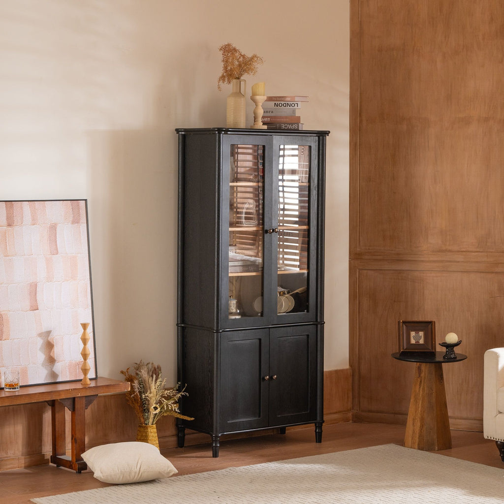 Vintage Display Cabinet With Double Glass Doors, Traditional Style For Collectibles, Ash Wood Veneer, 73.25" Tall - Black / Natural