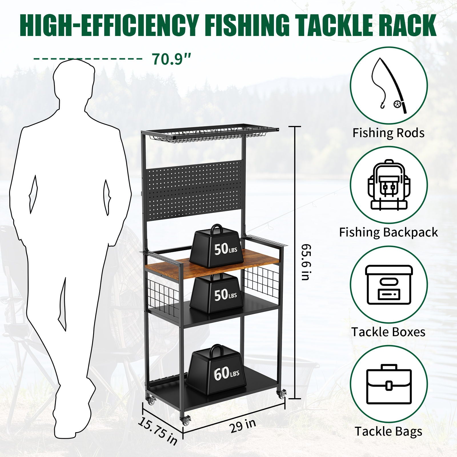 Fishing Rod Storage Rack With Pegboard, Rolling Tackle Organizer Cart - Black