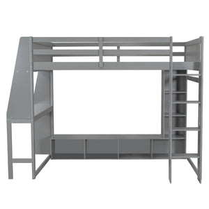 Full Size Gaming Loft Bed With Desk, Multi Storage Shelves, LED Lighting, And Hanging Clothes Rack - Gray