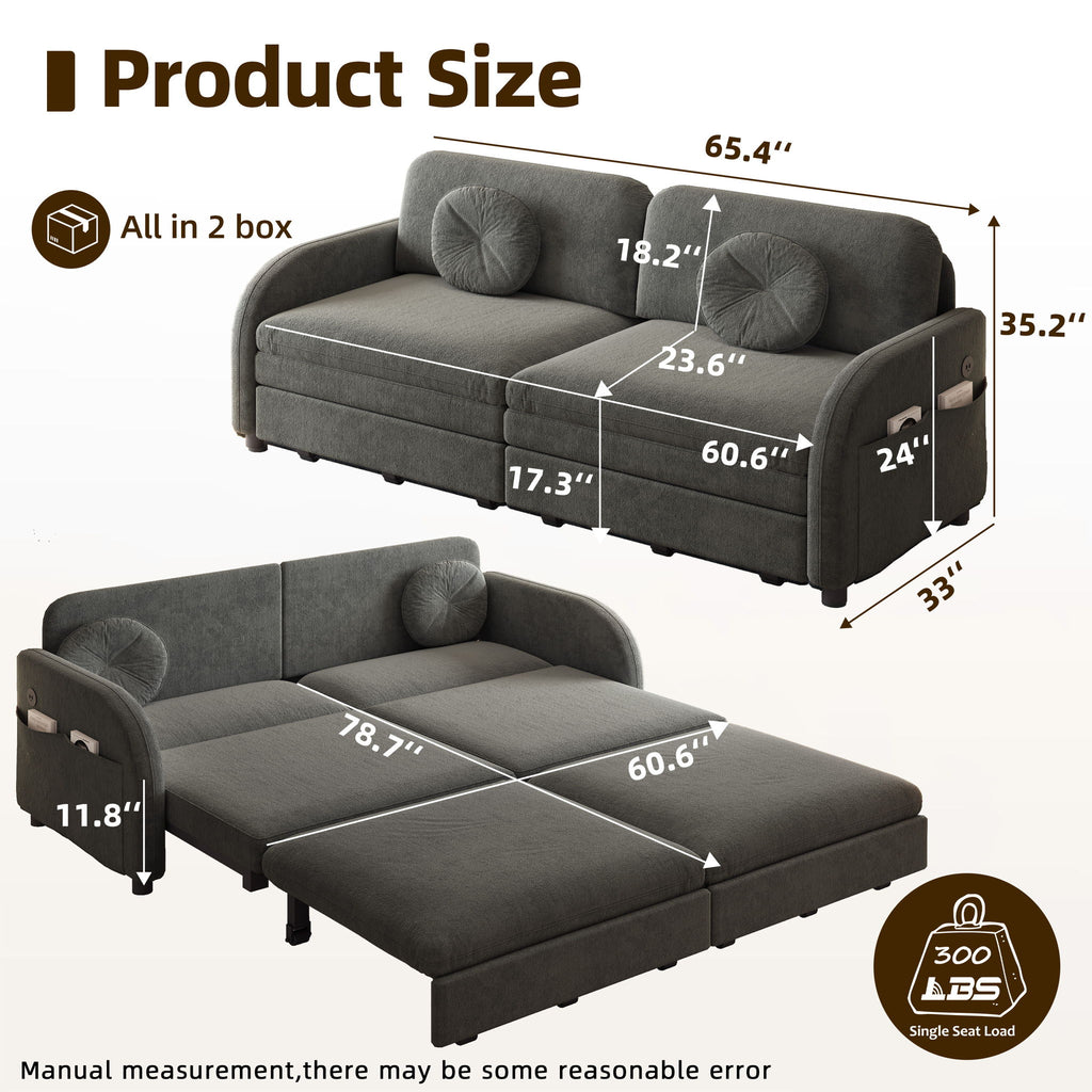 Upholstered Pull Out Couch With Side Pocket & USB Port