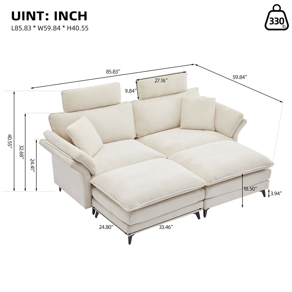Modern Corduroy Deep Seat Sectional Sofa With Ottoman