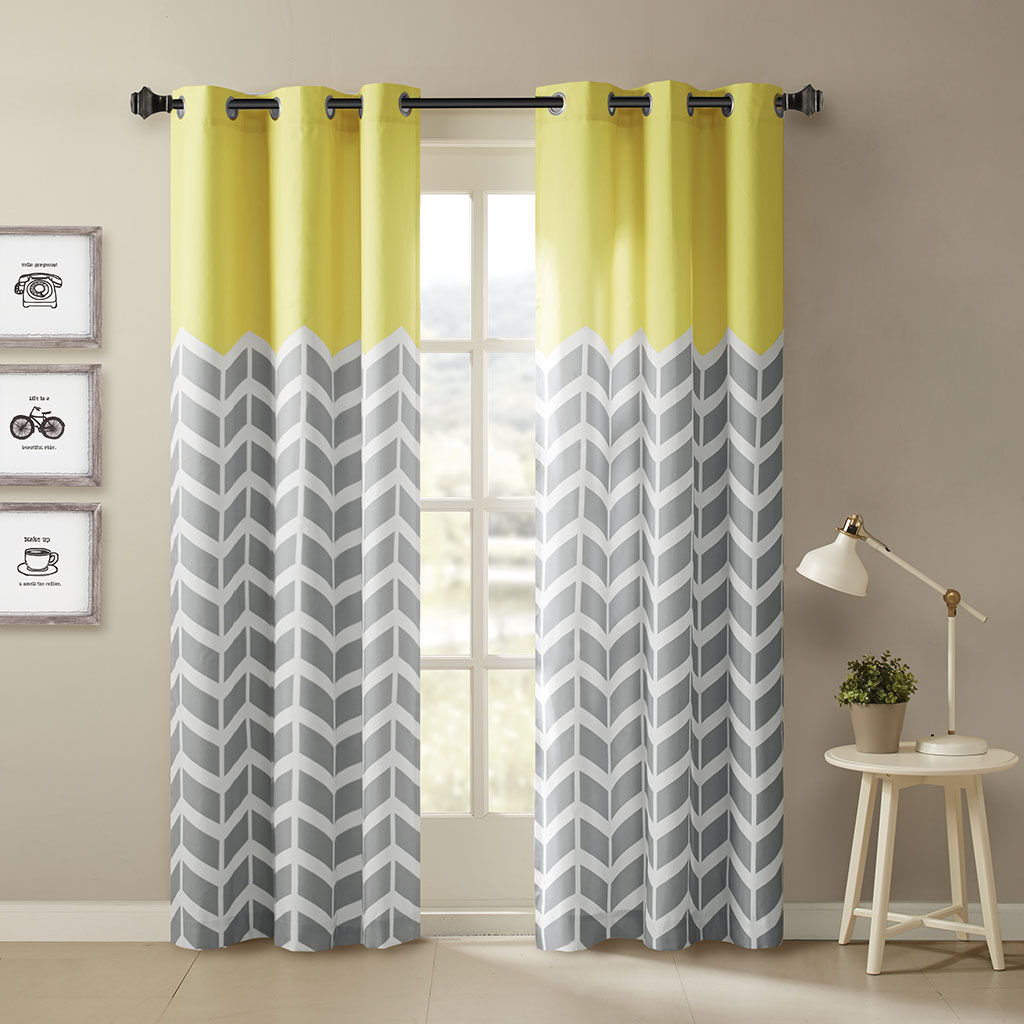 Alex - 84" Chevron Printed Room Darkening Grommet Top Panel Pair - Yellow