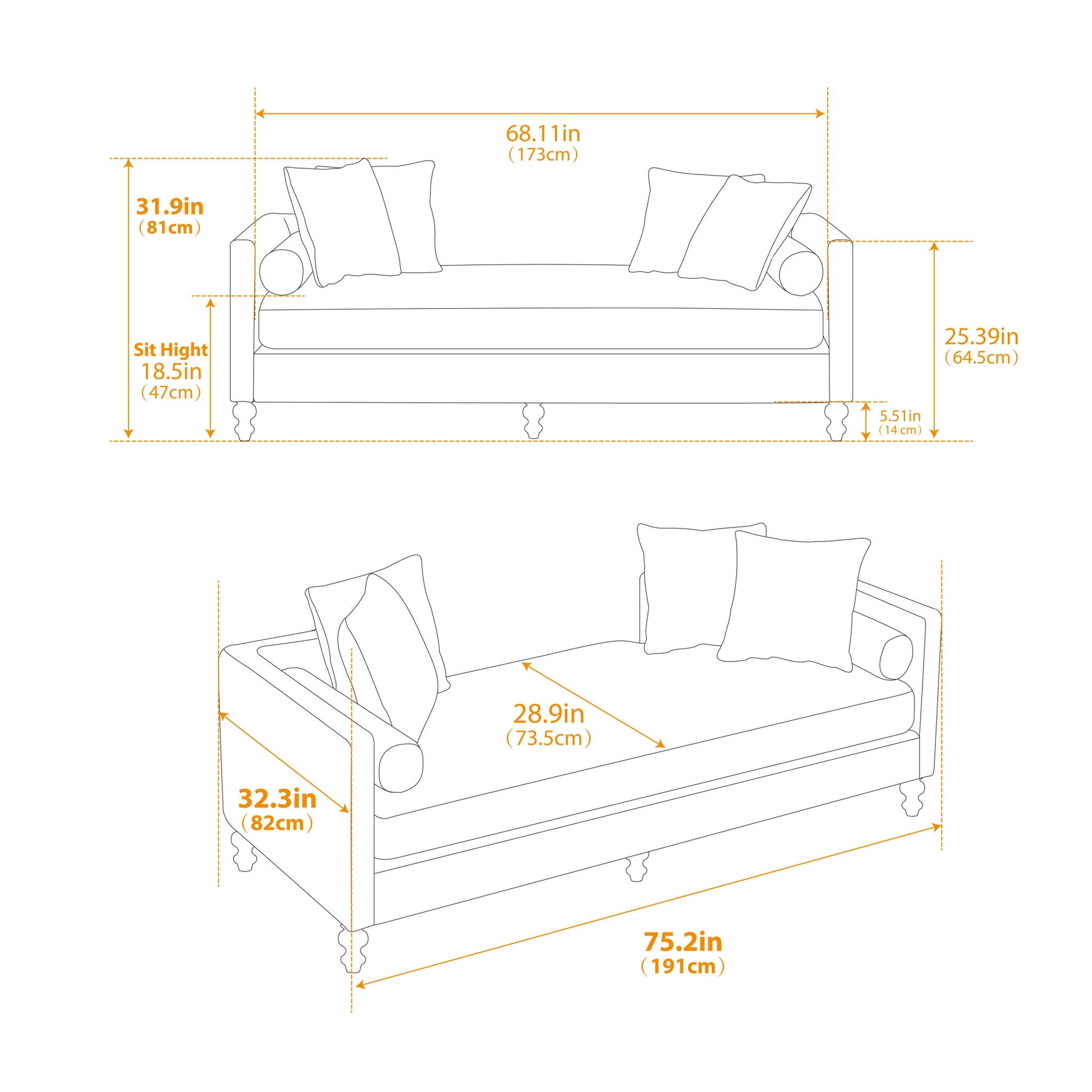 Upholstered Chaise Lounge Indoor With Nailheads, Sleeper Sofa Couch With 4 Throw Pillows & 2 Bolsters, Daybed With Rubberwood Legs