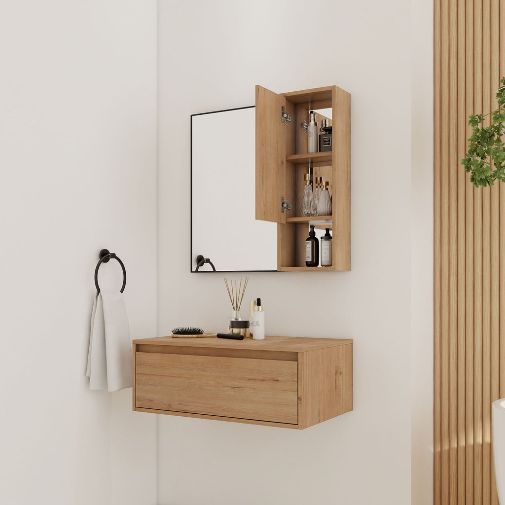 30" Wall Mounted Dressing Table With Mirror, Frame Storage Cabinet, Soft Close Door - Imitative Oak