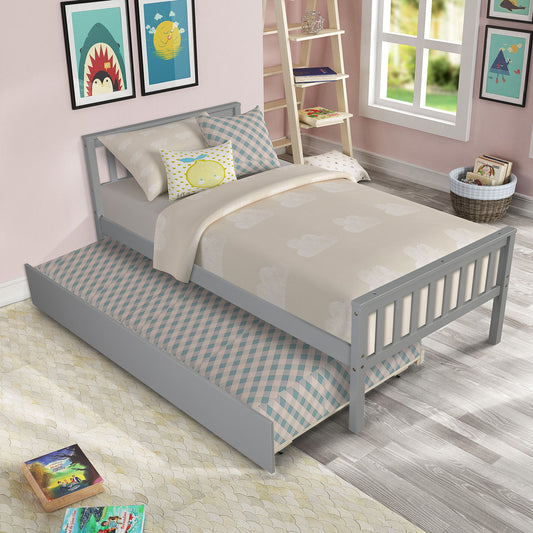 Twin Bed With Trundle, Platform Bed Frame With Headboard And Footboard, For Bedroom Small Living Space, No Box Spring Needed